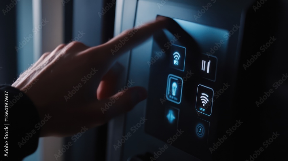 Aufkleber a finger touches a touchscreen interface with glowing blue icons to activate functions