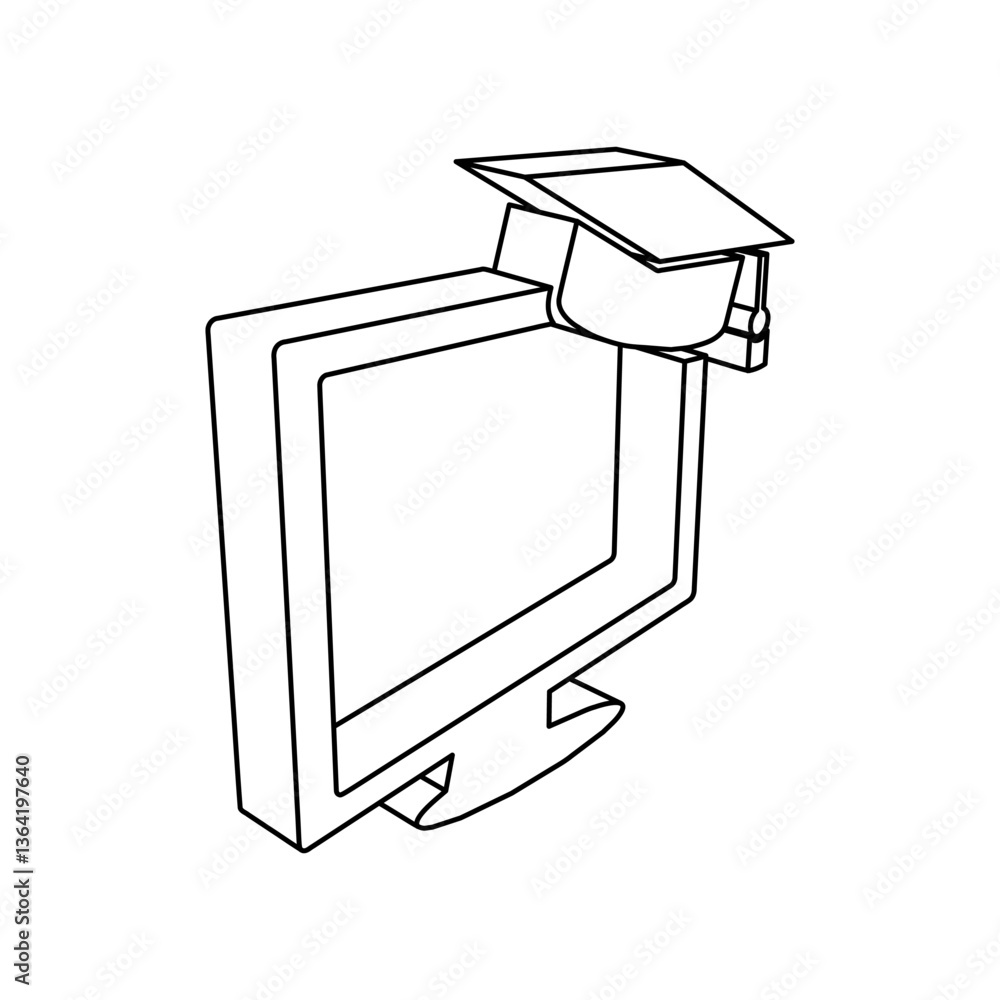 Poster the outline of a large distance learning symbol is made with black lines. 3d view of the object in p