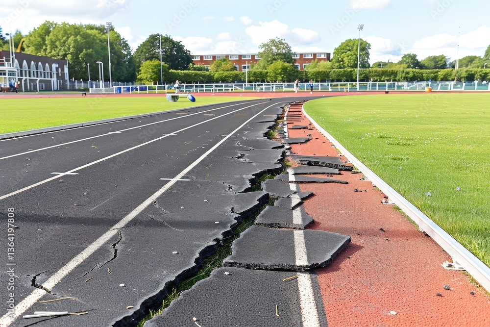 Poster the image shows a damaged running track with cracked surfaces, surrounded by green fields and trees 