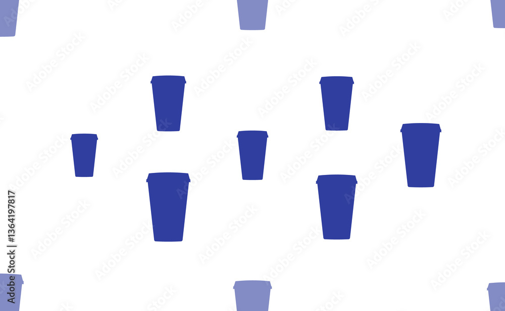 Poster seamless pattern of large isolated blue paper coffee cups. the pattern is divided by a line of eleme