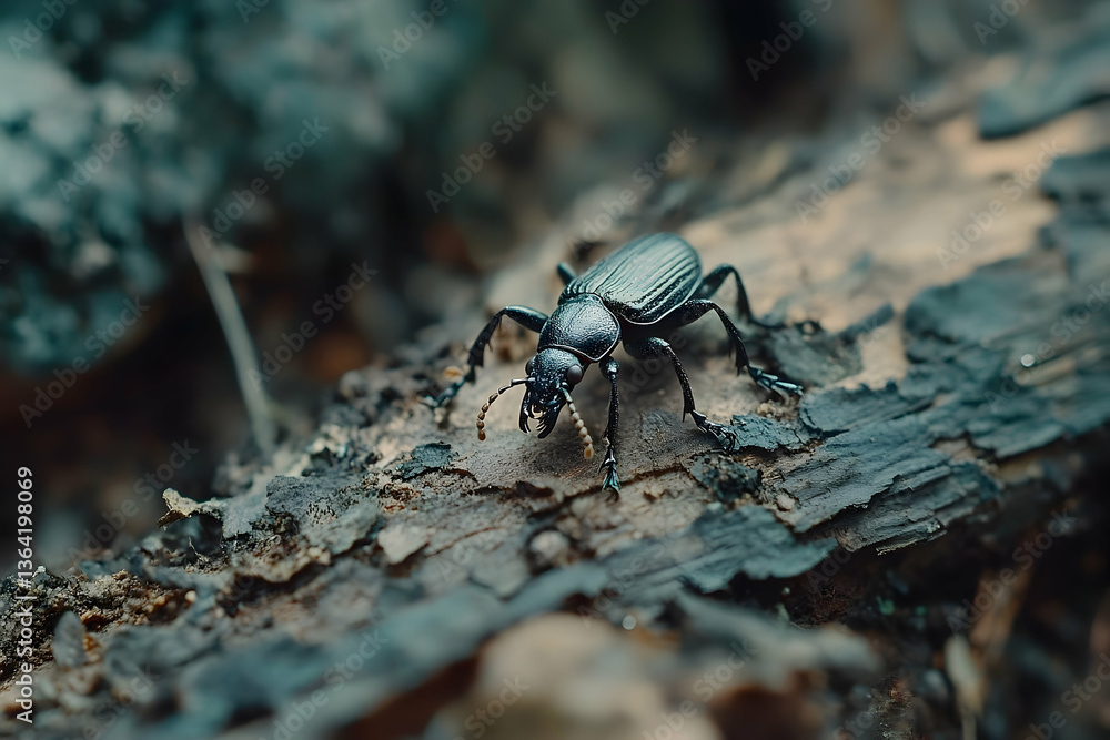Poster close-up of a shiny black beetle perched on a decaying tree trunk with intricate textures and blurre