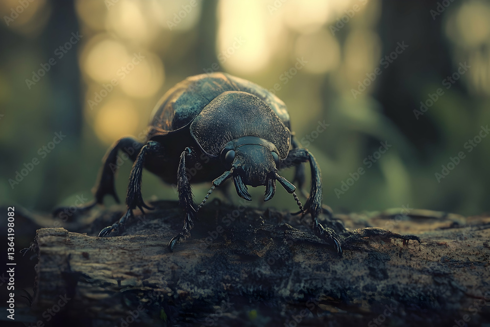 Poster magnificent closeup shot of a dor beetle resting on a log in the forest