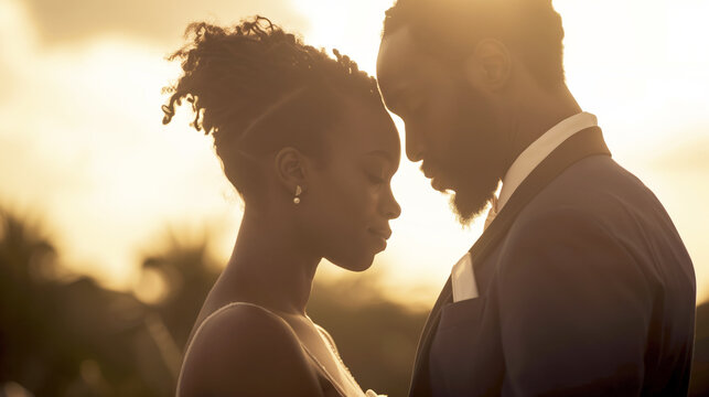 A newlywed couple sharing a romantic gaze, the groom holding a bride hands. - Powered by Adobe