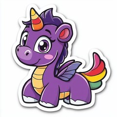 Obraz premium Adorable Purple Dragon with Unicorn Horn and Rainbow Tail Cartoon Illustration