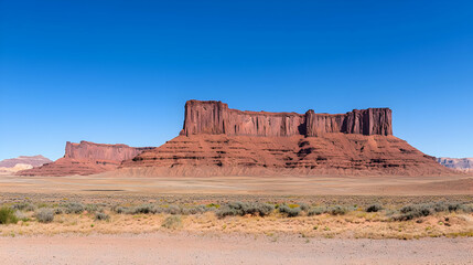 Expansive Red Rock Mountain Formation Under a Clear Blue Sky in a Desert Landscape
