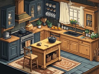 Traditional kitchen design cozy home isometric illustration rustic environment warm viewpoint culinary concept