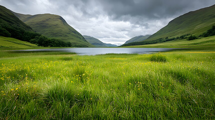 Fototapeta premium Picturesque Landscape of a Lush Green Meadow Bordered by Rolling Hills and a Calm Lake Under a Cloudy Sky