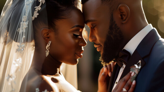 A newlywed couple sharing a romantic gaze, the groom holding a bride hands.