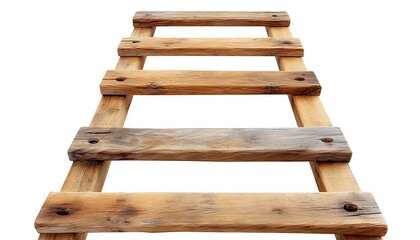 A wooden ladder is shown with an upward perspective against white