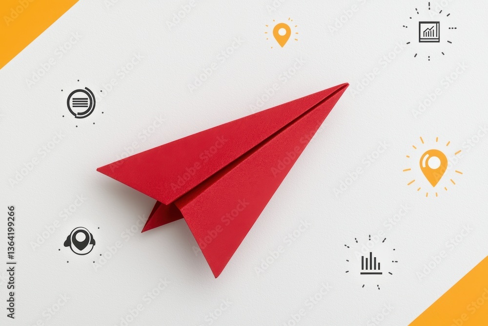 Aufkleber red paper airplane on white surface surrounded by navigation and data analysis icons