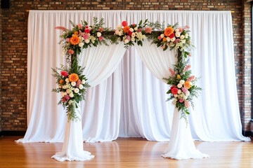 wedding arch decorated with flowers and drapes in front of a brick wall