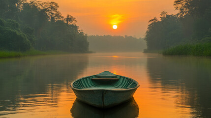  A serene scene of a fisherman’s boat drifting on a calm river at dawn, with the peaceful water reflecting the soft morning light. The river canal in the background showcases the tranquil beauty of As