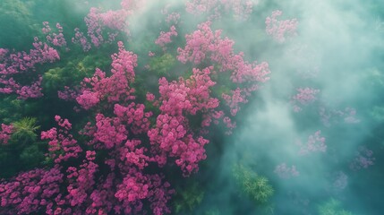 Aerial view of Yunnan Rhododendron blooms with mallard flocks in soft fog bokeh for ecological restoration campaigns and hospitality branding