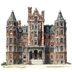 Fototapeta premium Majestic Brick Mansion Illustration A Detailed Architectural Drawing of a Grand Victorian-Style Building.