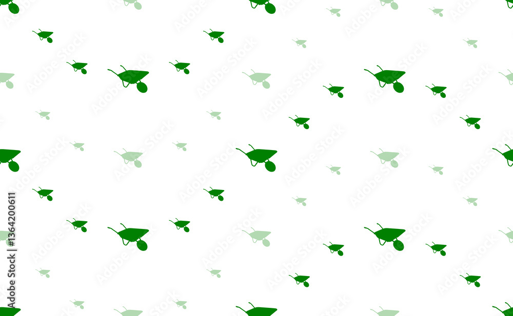 Poster seamless pattern of large and small green garden carts. the elements are arranged in a wavy. illustr