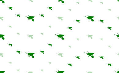 Seamless pattern of large and small green garden carts. The elements are arranged in a wavy. Illustration on light green background