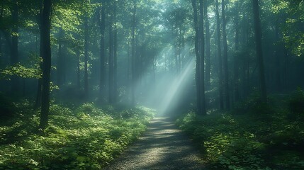 Fototapeta premium Landscape with a lake in a foggy forest with flowers and trees