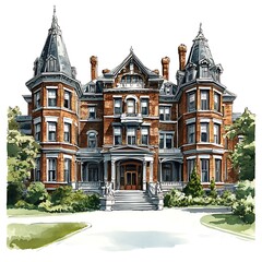 Fototapeta premium Majestic Brick Mansion A Detailed Architectural Illustration. This illustration showcases a grand, turreted brick house with lush landscaping.