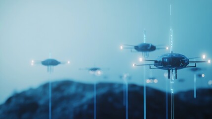 A drone fleet monitoring air pollution levels, a futuristic environmental research station with AI-driven climate analytics, High-tech style