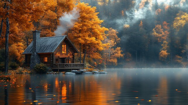 Autumn landscape with a wooden house on the lake in the fog - Powered by Adobe