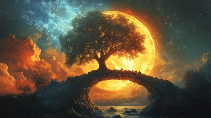 A solitary tree and a glowing moon in the night sky