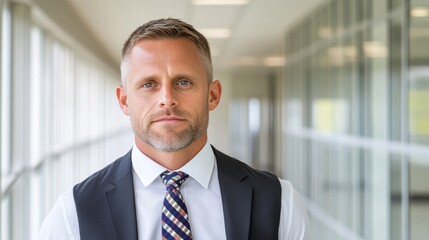 Confident business professional in modern office hallway