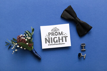 Paper sheet with text PROM NIGHT, bow tie, cufflinks and boutonniere on blue background