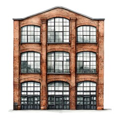 Obraz premium Architectural Illustration of a Brick Building with Large Windows. This detailed image showcases a three-story brick structure with prominent arched windows.