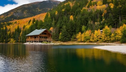 Fototapeta premium A Mirror-Like Reflection of an Autumn Forest and Mountain in a Lake
