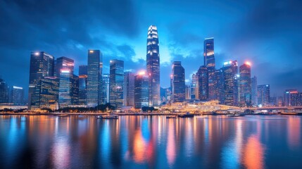 Night View of Hong Kong Skyline, Vibrant Cityscape Reflection on Water