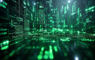 Futuristic coding screen, green text on square light background, digital interface, programming symbols, hightech coding environment, technology design