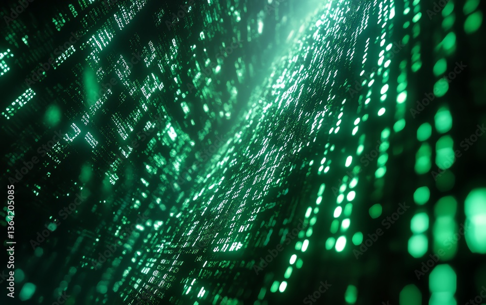 Poster green screen coding interface, square light tech background, digital programming symbols, glowing li