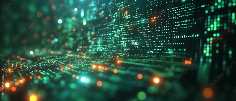 Poster coding screen in green, glowing square light background, technology interface, software programming 