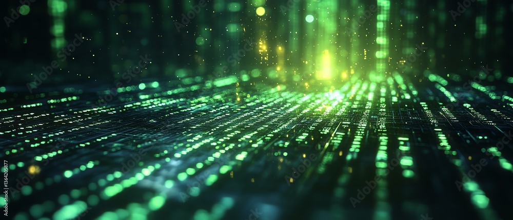 Poster coding screen in green, glowing square light background, technology interface, software programming 