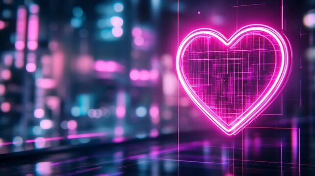 Neon heart graphic in futuristic city background. Possible use Stock photo for technology, love, or social media - Powered by Adobe