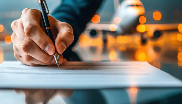 person is signing aeroplane insurance document at airport with aircraft in background, showcasing professional atmosphere and attention to detail