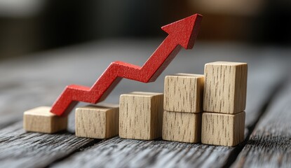 Wooden Blocks Representing Business Growth with an Upward Red Arrow on Rustic Table