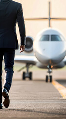 Fototapeta premium businessman walks confidently towards aeroplane, showcasing sense of purpose and determination. This moment captures essence of travel and opportunity in business world