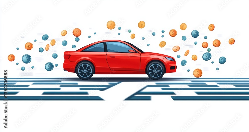 Poster red sports car navigating a digital maze with colorful spheres representing data points