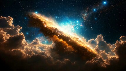 Obraz premium Celestial Cloudscape Golden Galaxy Over Dramatic Clouds