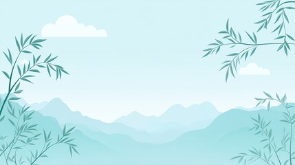 Naklejka premium Serene Chinese Art-Inspired Landscape with Light Blue Background, Minimalist Flat Illustration Featuring Green Willow Branches, Misty Mountains, and Clouds, Clean Design in Sky-Blue Palette