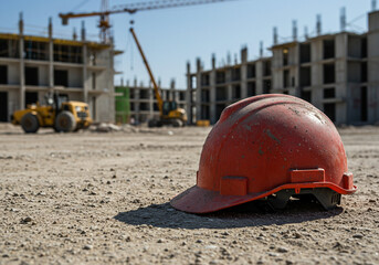 Dusty Abandoned Construction Helmet Foreground Close Up with a Deserted Construction Site in the Background