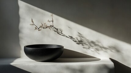 Minimalist black bowl with dried branch, sunlight shadows on a white surface