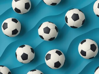 Naklejka premium A vibrant arrangement of soccer balls on a colorful background, representing sports enthusiasm.