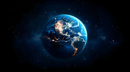 Obraz premium Blue Earth Illuminated With City Lights Surrounded By Glowing Stars In Dark Space Atmosphere