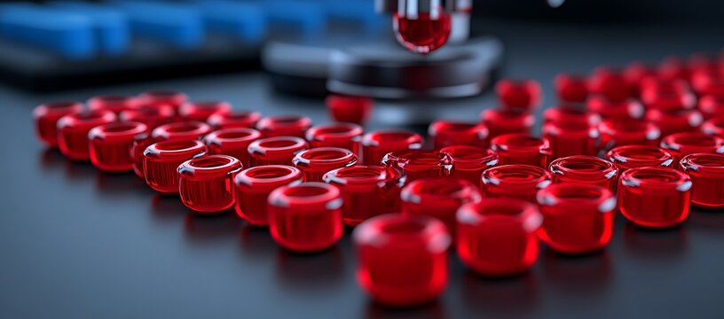 Several transparent red objects displayed with futuristic scientific equipment