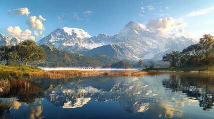 Obraz premium Serene Mountain Landscape with Reflection in Calm Lake Waters