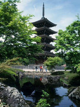 Five-story pagoda in summer, Jogi Nyorai Saihoji Temple, Miyagi, Japan