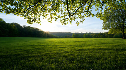 Fototapeta premium Lush Green Field Beneath a Tree Canopy in Sunlight with Forest Horizon and Bright Sky