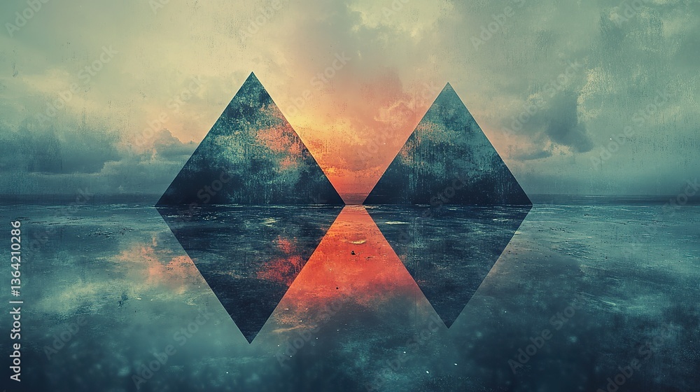 Poster two mirrored triangles reflected in a watery environment setting
